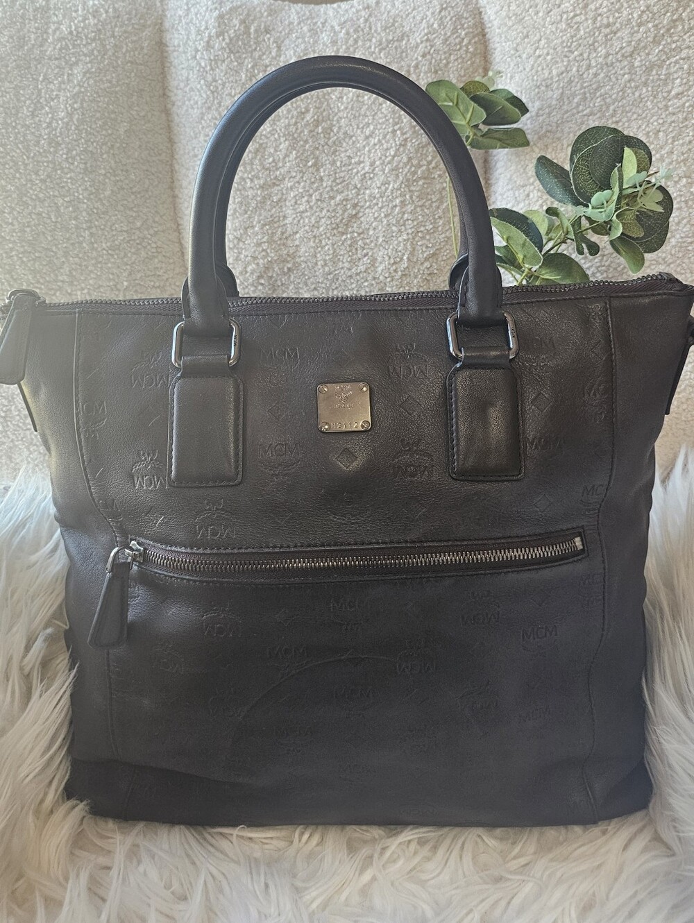 MCM Dark Brown Leather Boston/Utility Tote Bag
